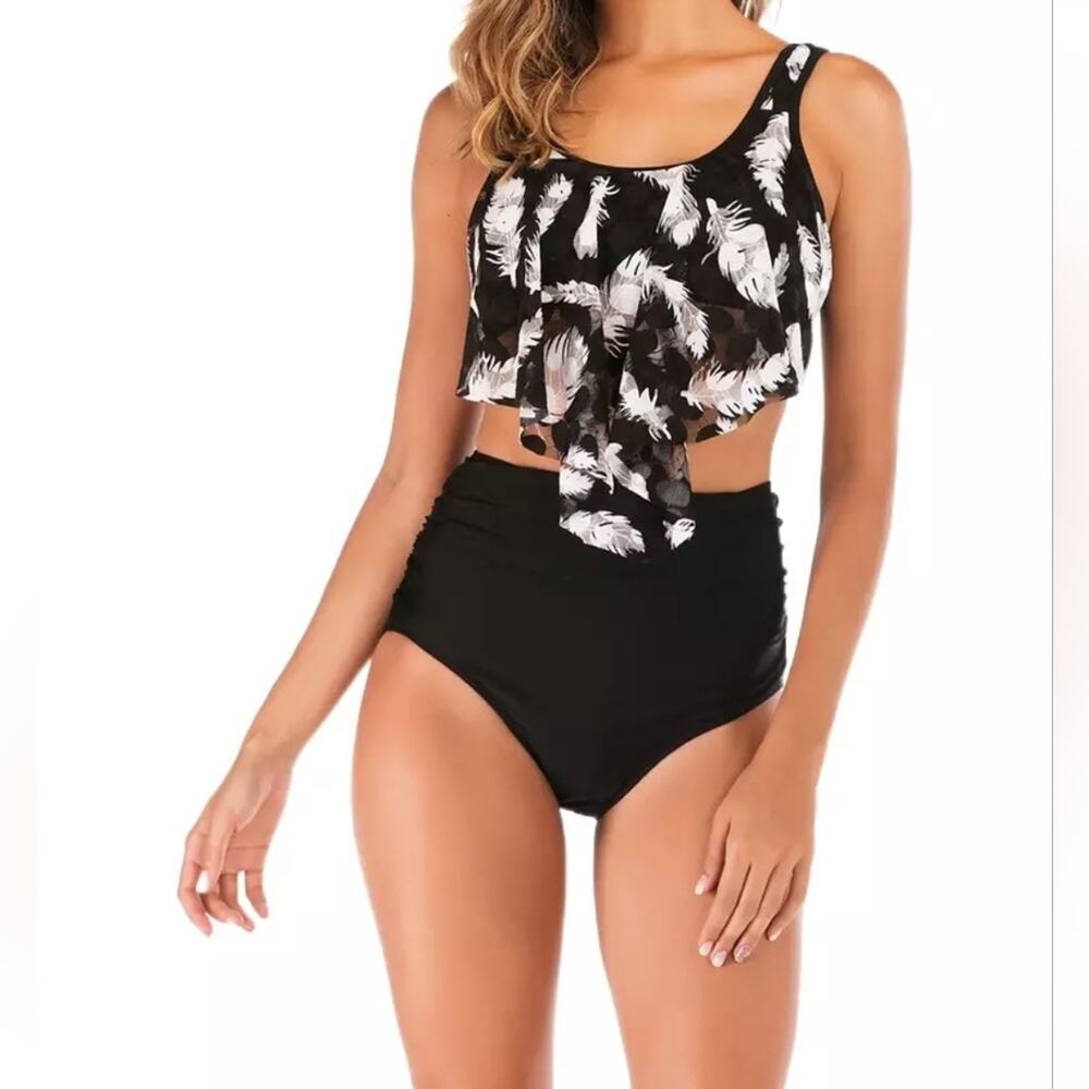New Sexy Ruffled Bikini High Waisted‎ Swimsuit Black & White Lace 425 Size L